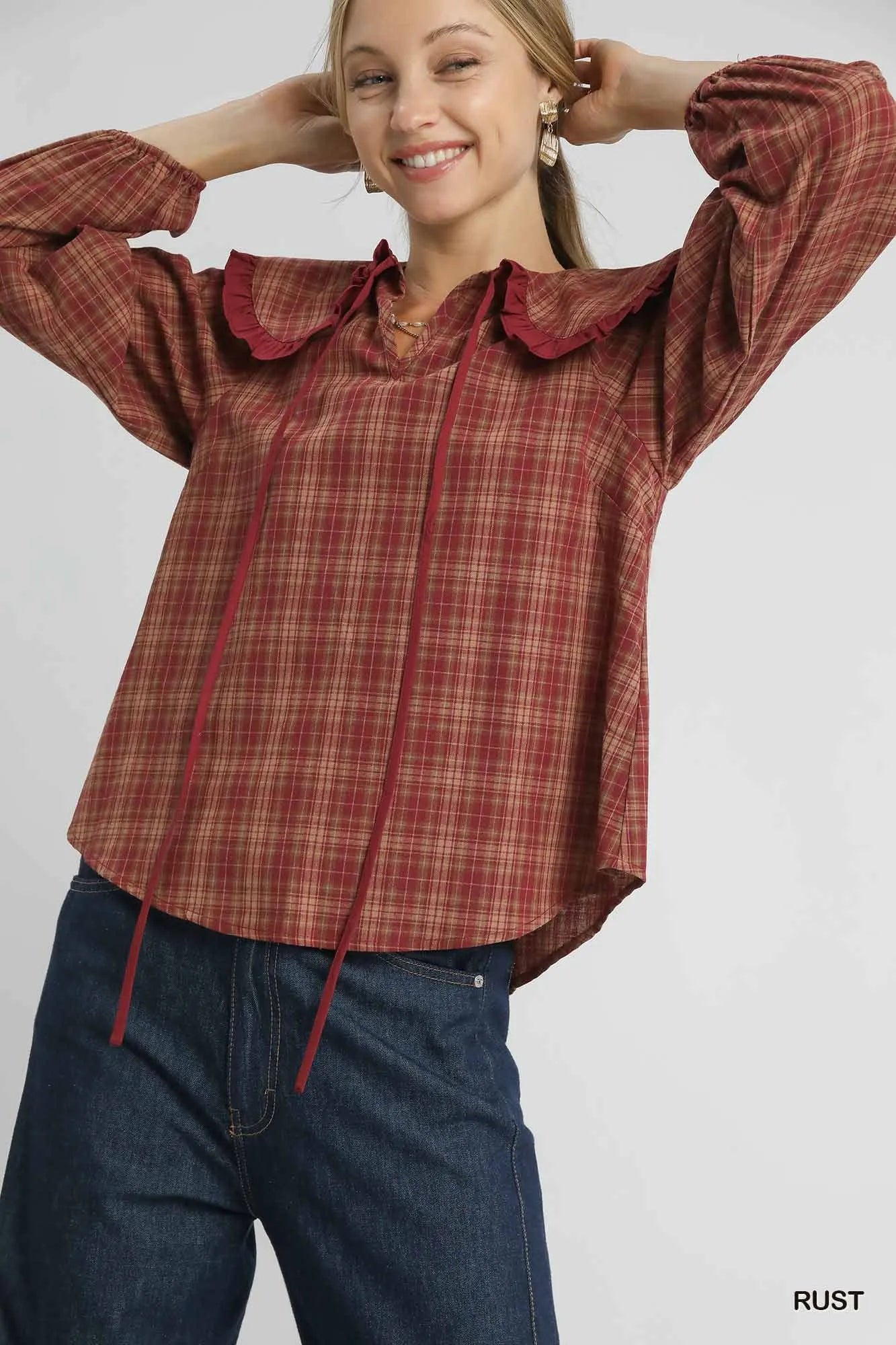 Umgee Full Size Plaid Ruffle Collar Blouse-Blouses-Trendsi-Rust-S-[option4]-[option5]-[option6]-[option7]-[option8]-Shop-Boutique-Clothing-for-Women-Online
