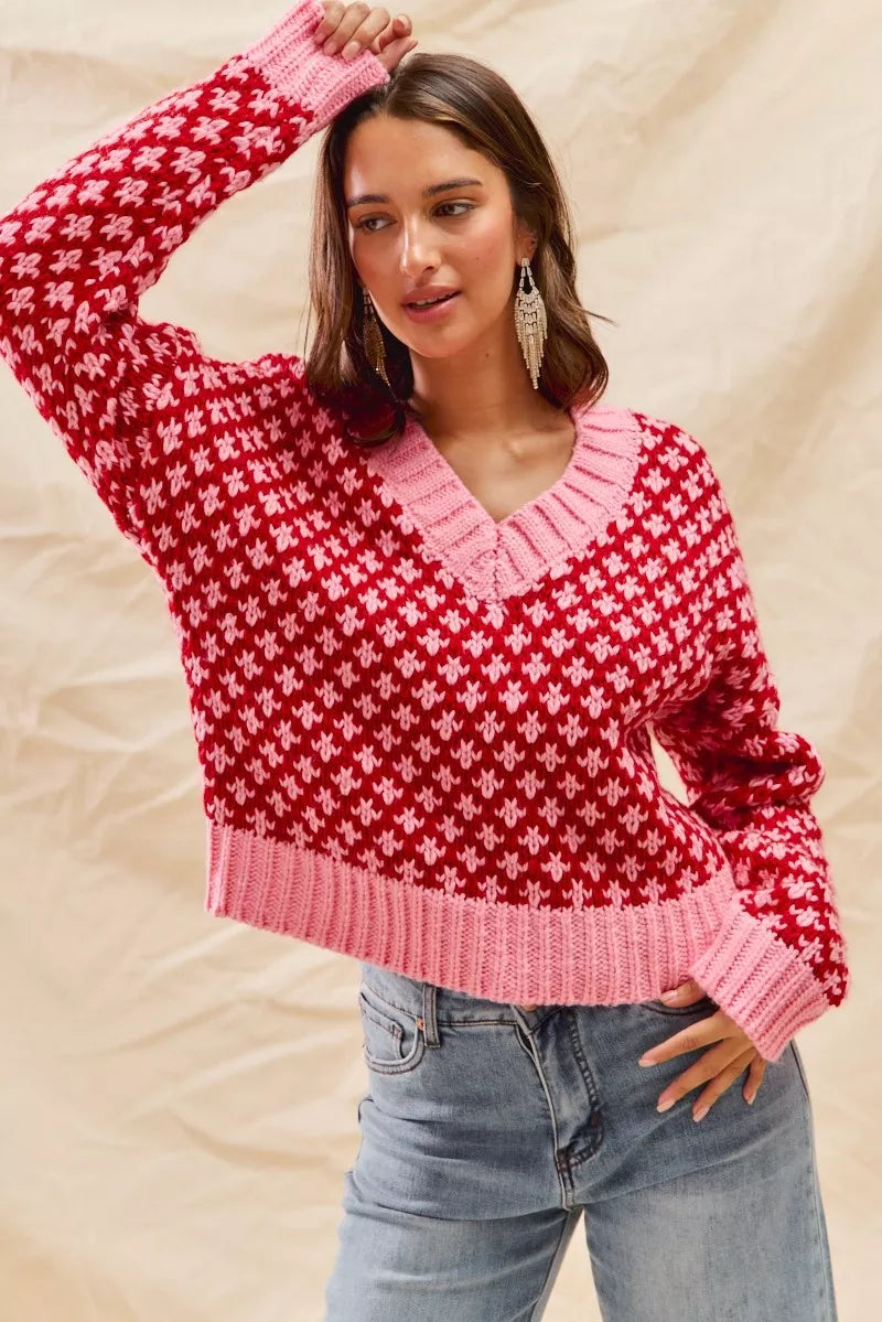 SO ME Color Block Textured Christmas Sweater V Neck Top-Sweaters-Trendsi-[option4]-[option5]-[option6]-[option7]-[option8]-Shop-Boutique-Clothing-for-Women-Online