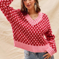 SO ME Color Block Textured Christmas Sweater V Neck Top-Sweaters-Trendsi-[option4]-[option5]-[option6]-[option7]-[option8]-Shop-Boutique-Clothing-for-Women-Online