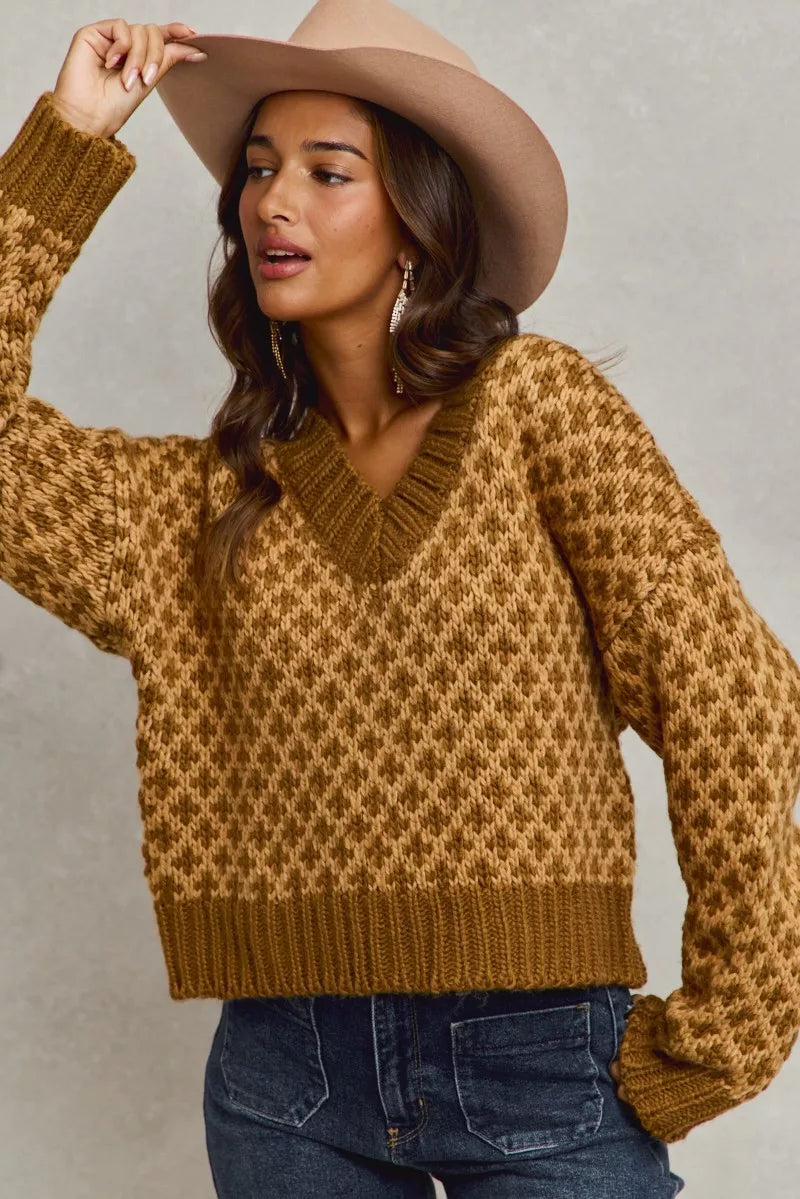 SO ME Color Block Textured Christmas Sweater V Neck Top-Sweaters-Trendsi-[option4]-[option5]-[option6]-[option7]-[option8]-Shop-Boutique-Clothing-for-Women-Online