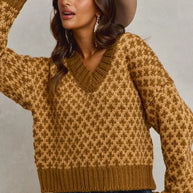 SO ME Color Block Textured Christmas Sweater V Neck Top-Sweaters-Trendsi-[option4]-[option5]-[option6]-[option7]-[option8]-Shop-Boutique-Clothing-for-Women-Online