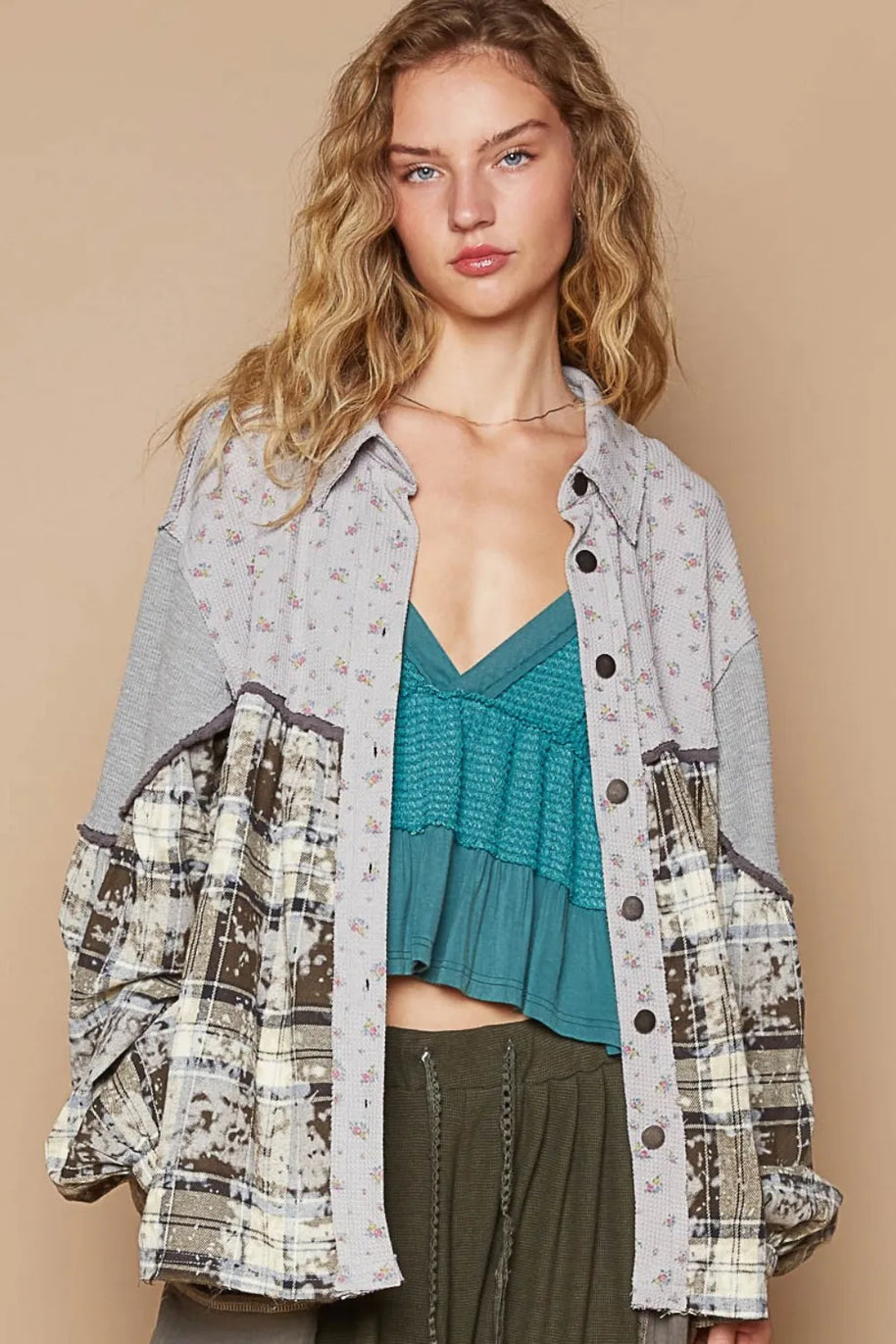 POL Balloon Sleeve Floral Color Block Plaid Shirt-Shirts-Trendsi-[option4]-[option5]-[option6]-[option7]-[option8]-Shop-Boutique-Clothing-for-Women-Online