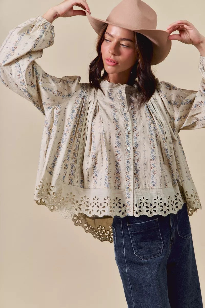 SO ME Floral Print Lace Button Down Shirt-Blouses-Trendsi-[option4]-[option5]-[option6]-[option7]-[option8]-Shop-Boutique-Clothing-for-Women-Online