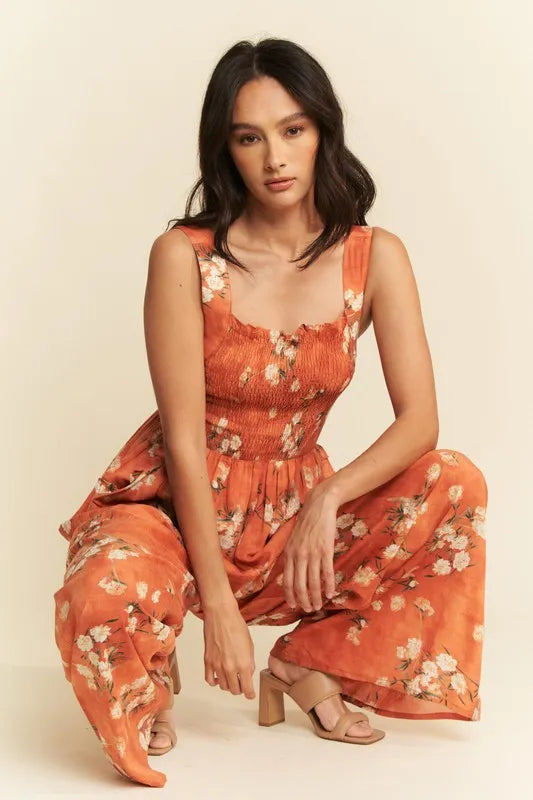 Davi & Dani Floral Ruffle Square Neck Smocking Bodice Jumpsuit-Jumpsuits & Rompers-Trendsi-[option4]-[option5]-[option6]-[option7]-[option8]-Shop-Boutique-Clothing-for-Women-Online