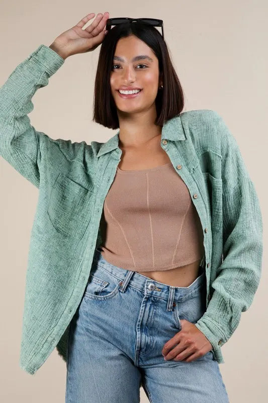 VERY J Mineral Washed Gauze Button Down Shirt-Womens Outerwear/Shacket-Trendsi-Sage-S-[option4]-[option5]-[option6]-[option7]-[option8]-Shop-Boutique-Clothing-for-Women-Online