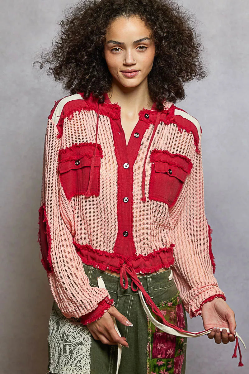 POL Texture Woven Button Down Hooded Shirt with Drawstring Hem-Shirts-Trendsi-[option4]-[option5]-[option6]-[option7]-[option8]-Shop-Boutique-Clothing-for-Women-Online