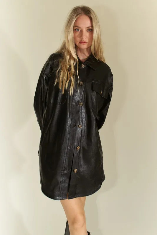 Davi & Dani Faux Leather Button Up Jacket with Chest Pockets-Jacket-Trendsi-[option4]-[option5]-[option6]-[option7]-[option8]-Shop-Boutique-Clothing-for-Women-Online