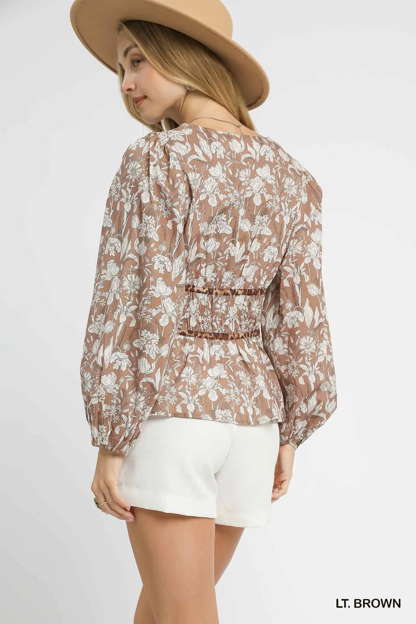 Umgee Floral Smocked Peplum Blouse with Tie Detail-Blouses-Trendsi-[option4]-[option5]-[option6]-[option7]-[option8]-Shop-Boutique-Clothing-for-Women-Online