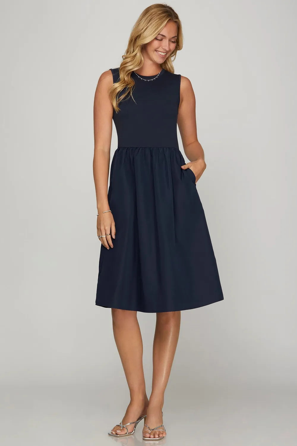 She + Sky Full Size Sleeveless Poplin Woven Midi Dress with Pockets-Dresses-Trendsi-Dark Navy-S-[option4]-[option5]-[option6]-[option7]-[option8]-Shop-Boutique-Clothing-for-Women-Online