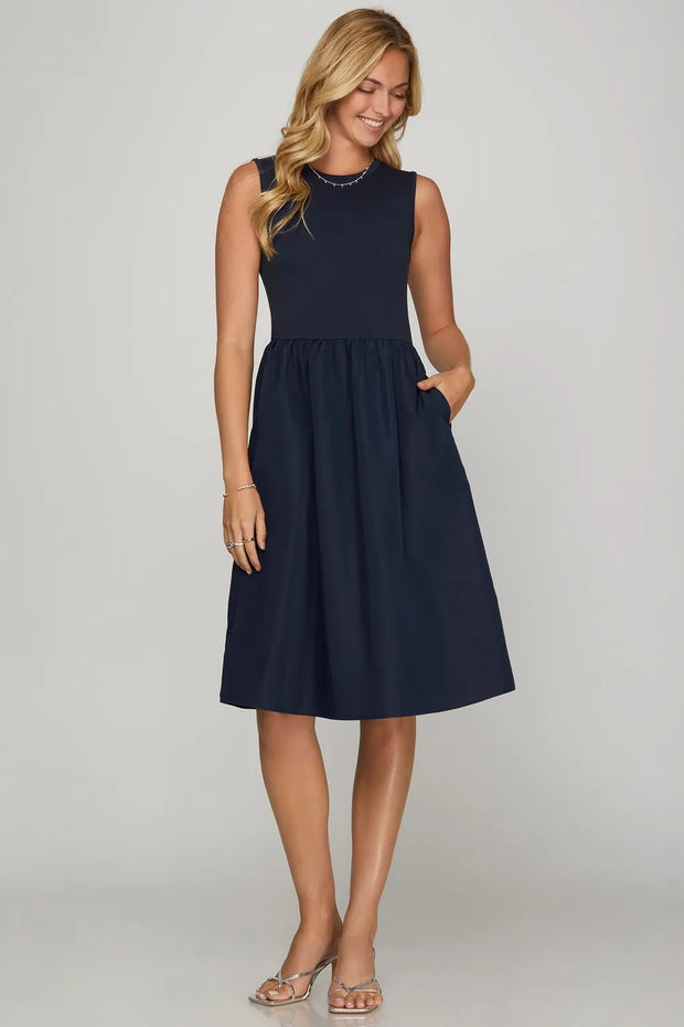She + Sky Full Size Sleeveless Poplin Woven Midi Dress with Pockets-Dresses-Trendsi-Dark Navy-S-[option4]-[option5]-[option6]-[option7]-[option8]-Shop-Boutique-Clothing-for-Women-Online