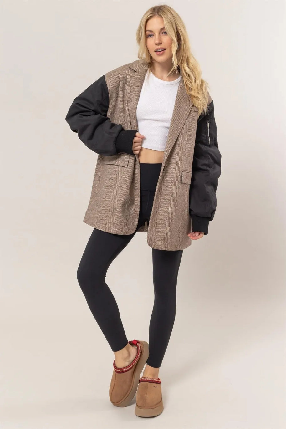 HYFVE Herringbone Mixed Media Contrast Long Sleeve Blazer-Blazers-Trendsi-[option4]-[option5]-[option6]-[option7]-[option8]-Shop-Boutique-Clothing-for-Women-Online
