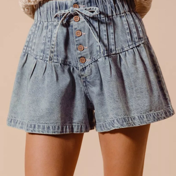 SO ME Flared Denim Shorts with Elasticized Waist-Shorts-Trendsi-DENIM-S-[option4]-[option5]-[option6]-[option7]-[option8]-Shop-Boutique-Clothing-for-Women-Online