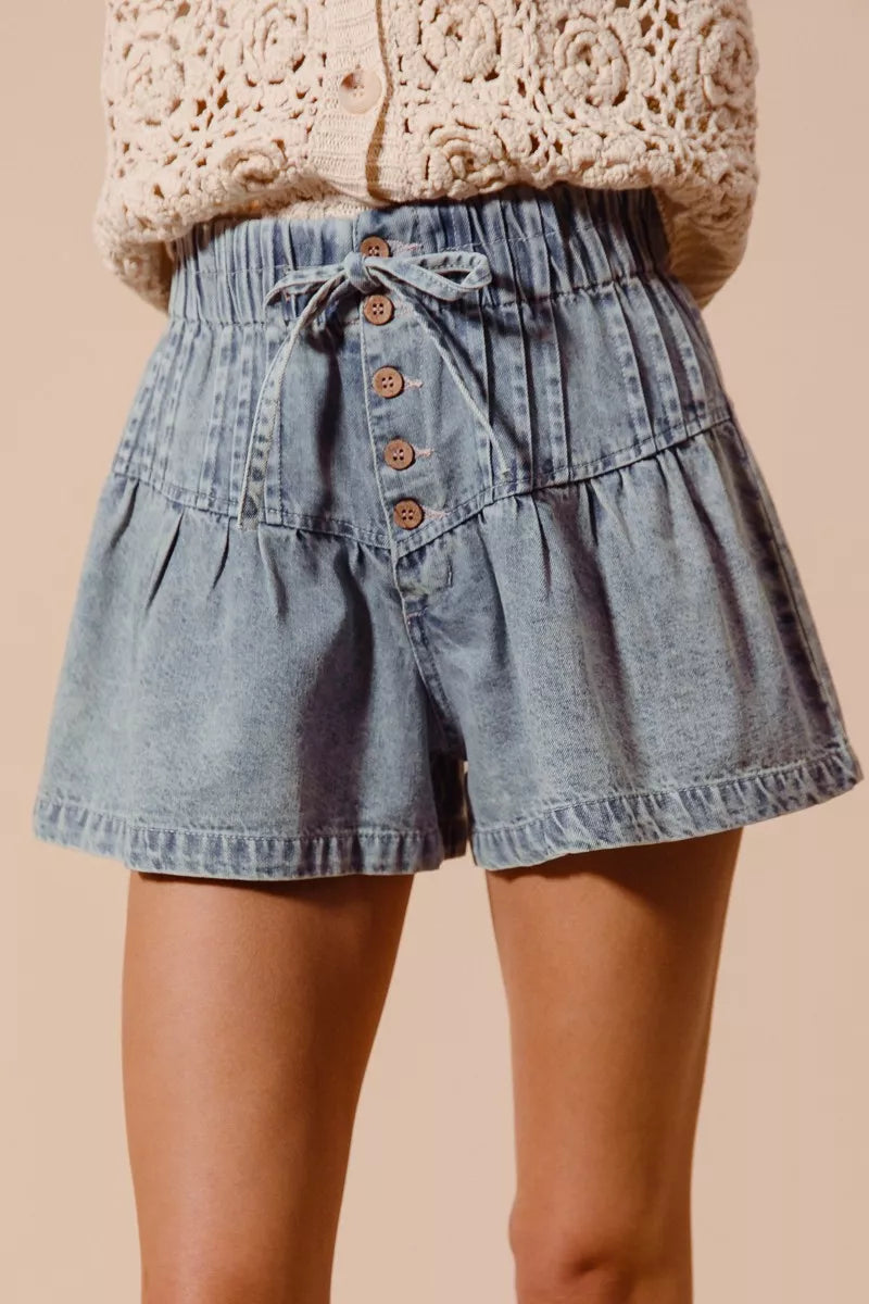 SO ME Flared Denim Shorts with Elasticized Waist-Shorts-Trendsi-DENIM-S-[option4]-[option5]-[option6]-[option7]-[option8]-Shop-Boutique-Clothing-for-Women-Online