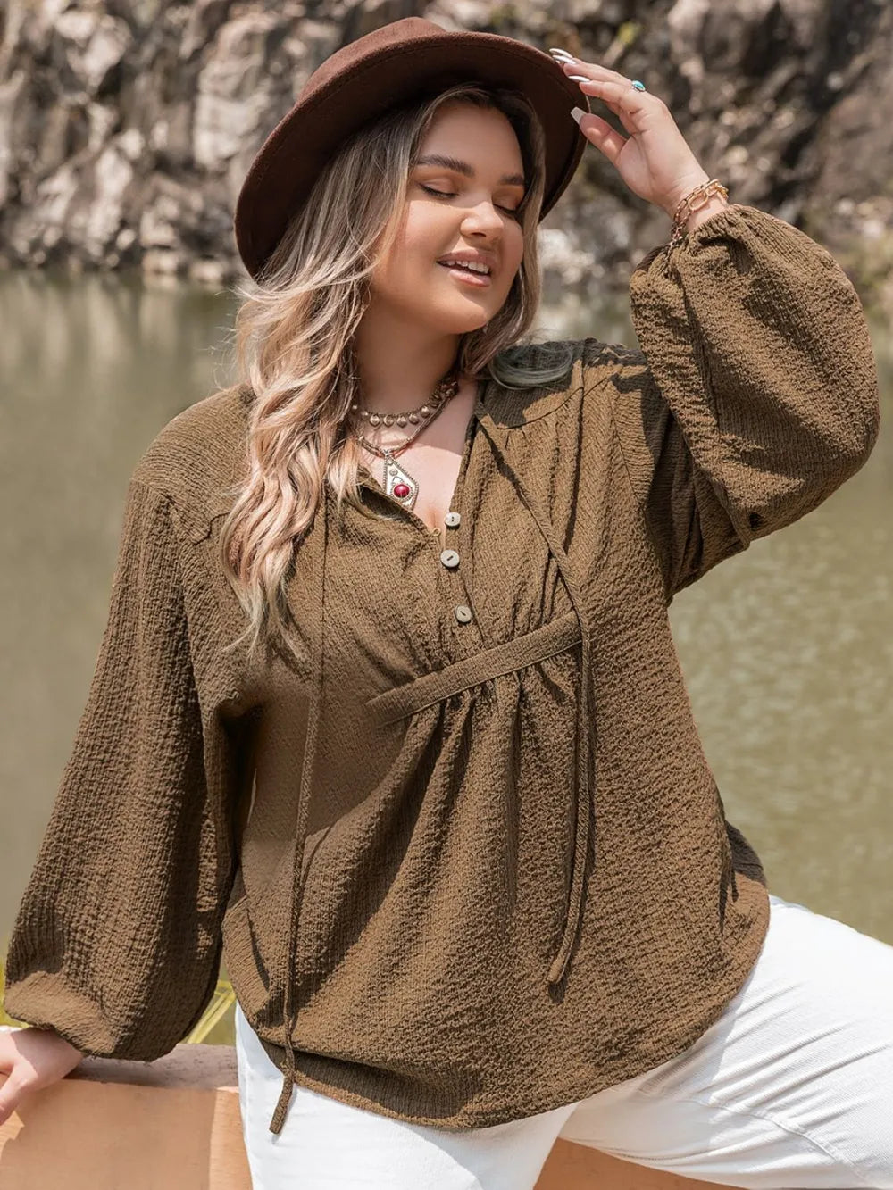 Plus Size Tie Neck Long Sleeve Blouse-Blouses-Trendsi-[option4]-[option5]-[option6]-[option7]-[option8]-Shop-Boutique-Clothing-for-Women-Online