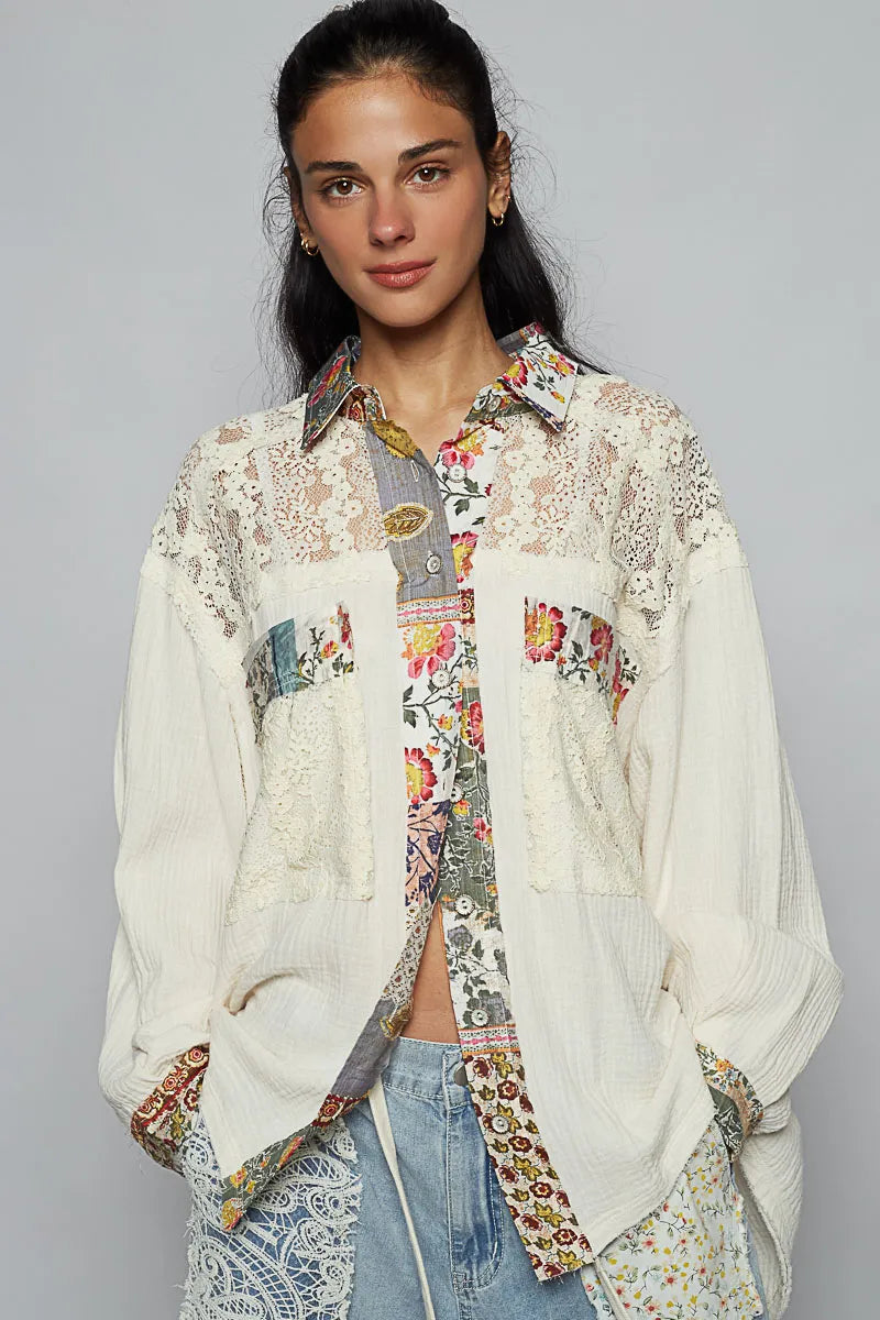 POL Lace Patchwork Floral Trim Long Sleeve Shirt-Shirts-Trendsi-Ivory-S-[option4]-[option5]-[option6]-[option7]-[option8]-Shop-Boutique-Clothing-for-Women-Online