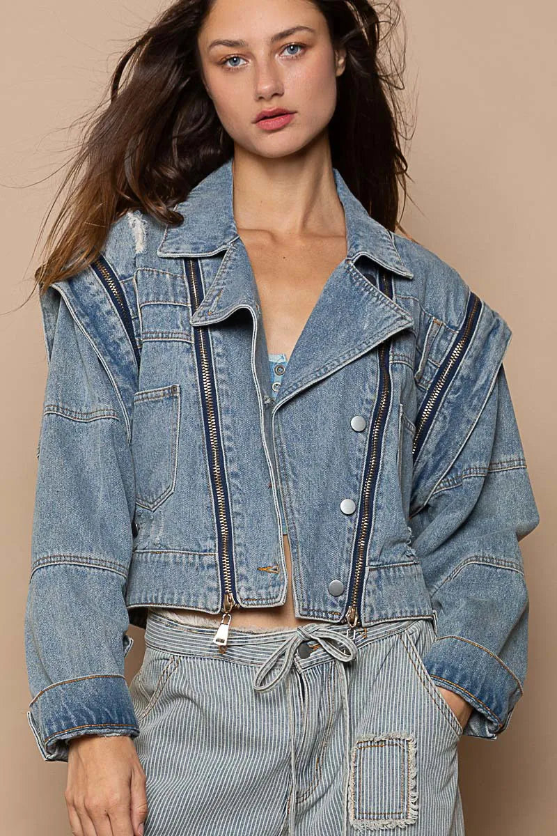 POL Cropped Denim Jacket with Functional Zipper Detail-jacket-Trendsi-Dusty Blue-S-[option4]-[option5]-[option6]-[option7]-[option8]-Shop-Boutique-Clothing-for-Women-Online
