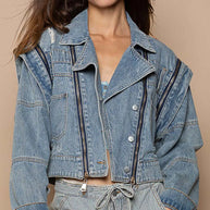 POL Cropped Denim Jacket with Functional Zipper Detail-jacket-Trendsi-Dusty Blue-S-[option4]-[option5]-[option6]-[option7]-[option8]-Shop-Boutique-Clothing-for-Women-Online