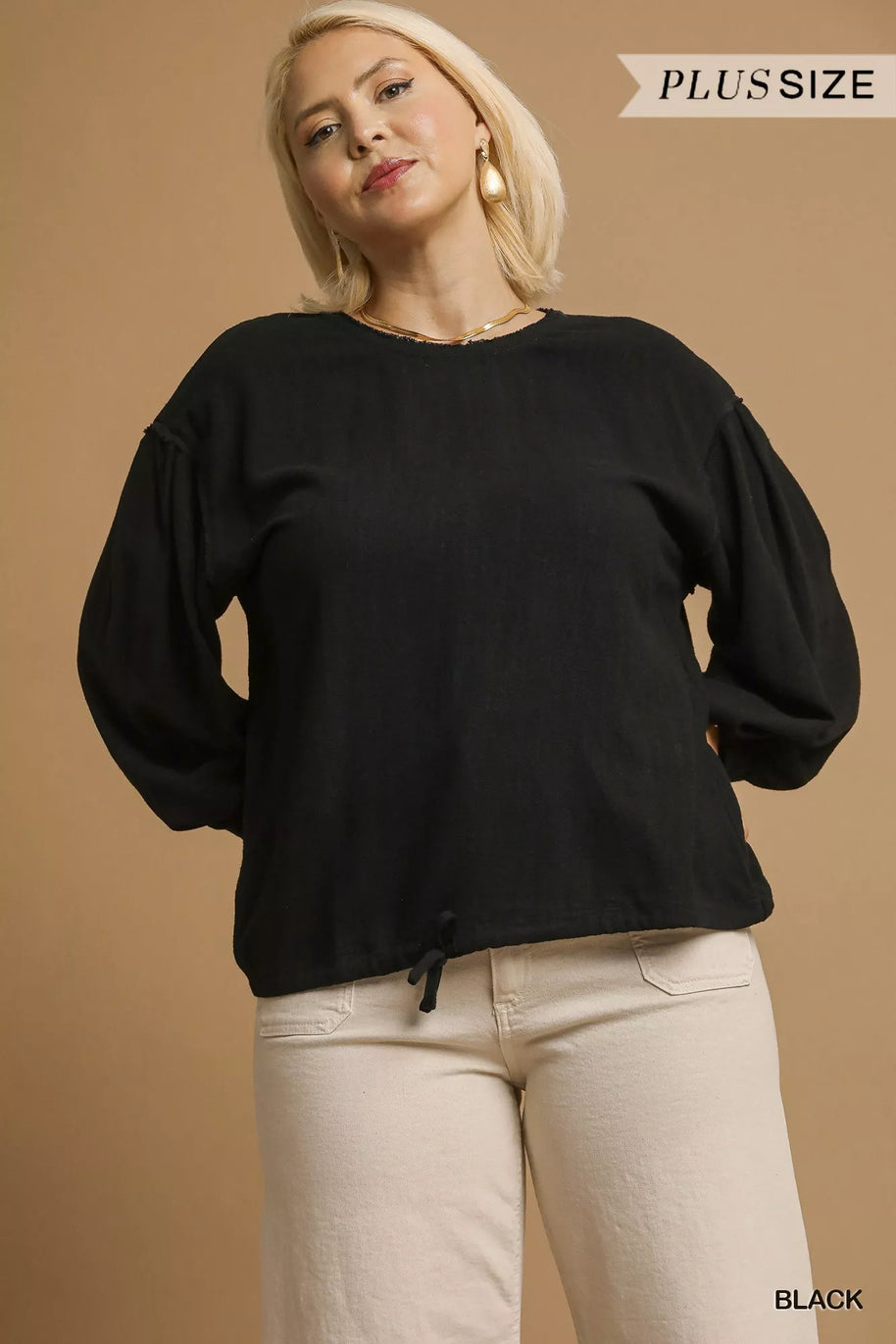 Umgee Full Size Linen Long Sleeve Top with Drawstring-Blouses-Trendsi-[option4]-[option5]-[option6]-[option7]-[option8]-Shop-Boutique-Clothing-for-Women-Online