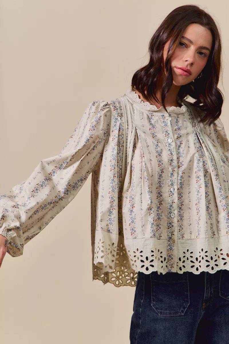 SO ME Floral Print Lace Button Down Shirt-Blouses-Trendsi-[option4]-[option5]-[option6]-[option7]-[option8]-Shop-Boutique-Clothing-for-Women-Online