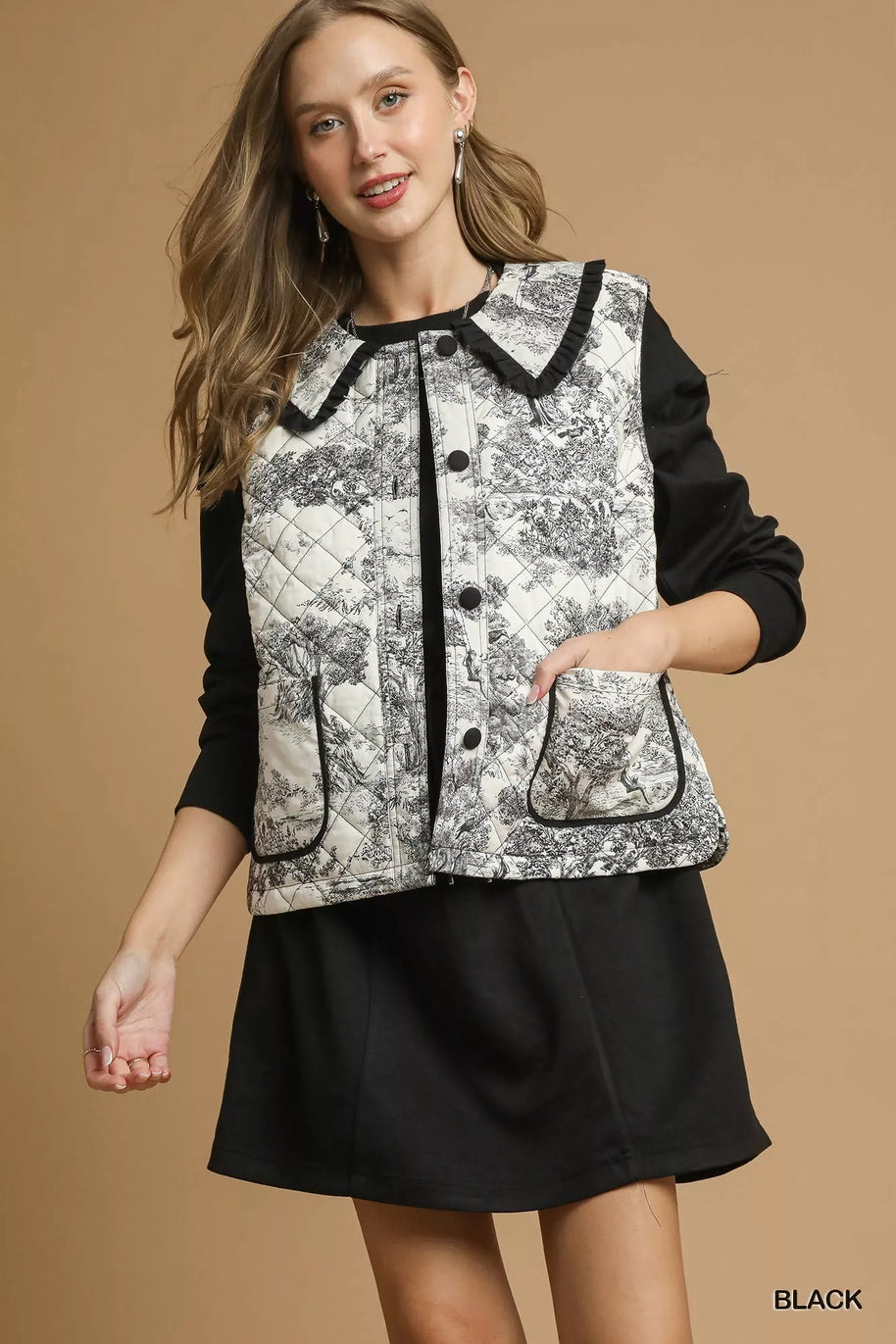 Umgee Toile Quilted Vest with Ruffle Collar-Vest-Trendsi-Black-S-[option4]-[option5]-[option6]-[option7]-[option8]-Shop-Boutique-Clothing-for-Women-Online