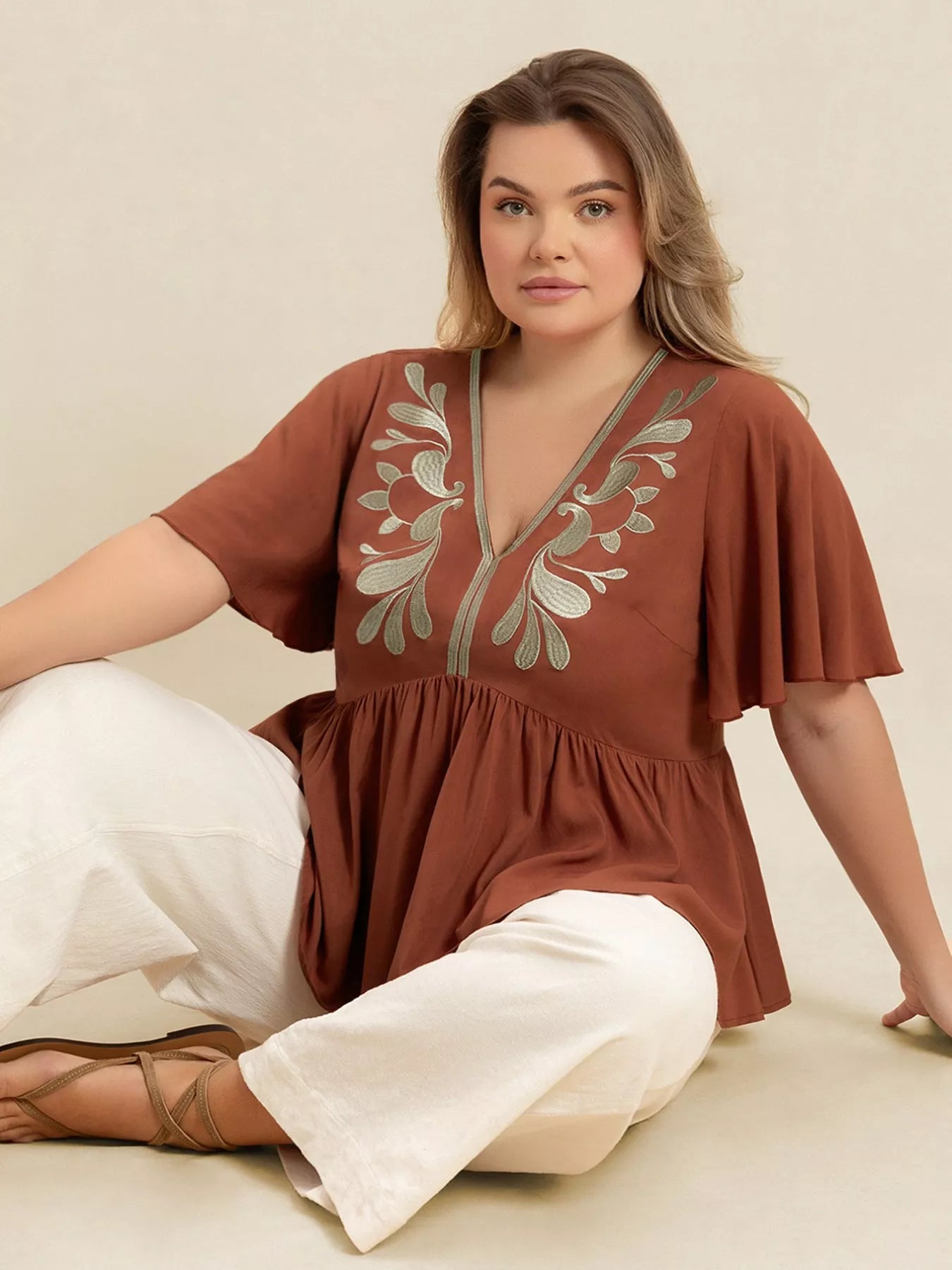 Plus Size Embroidered V-Neck Flutter Sleeve Blouse-Blouses-Trendsi-[option4]-[option5]-[option6]-[option7]-[option8]-Shop-Boutique-Clothing-for-Women-Online