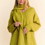 Davi & Dani V-Neck Dropped Shoulder Sweater with Scarf-Sweaters-Trendsi-Chartreuse-S-[option4]-[option5]-[option6]-[option7]-[option8]-Shop-Boutique-Clothing-for-Women-Online