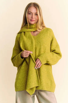 Davi & Dani V-Neck Dropped Shoulder Sweater with Scarf-Sweaters-Trendsi-Chartreuse-S-[option4]-[option5]-[option6]-[option7]-[option8]-Shop-Boutique-Clothing-for-Women-Online