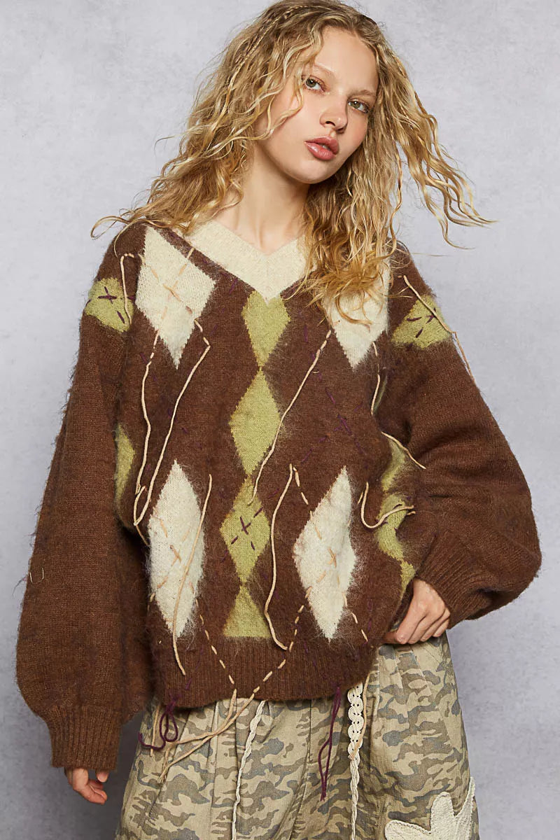 POL V-Neck Argyle Pattern Mohair Sweater with Contrast Exposed Stitch Detail-sweater-Trendsi-[option4]-[option5]-[option6]-[option7]-[option8]-Shop-Boutique-Clothing-for-Women-Online