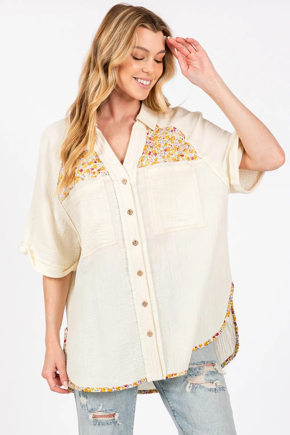 SAGE + FIG Full Size Floral Detail Button Up Short Sleeve Shirt-Tops-Trendsi-[option4]-[option5]-[option6]-[option7]-[option8]-Shop-Boutique-Clothing-for-Women-Online