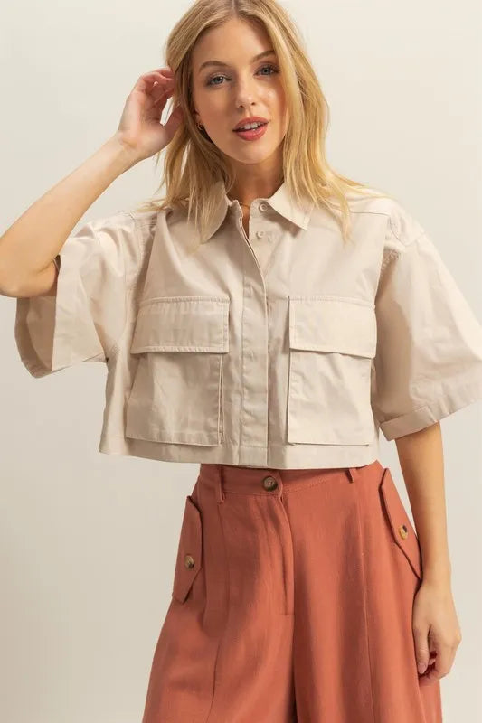 HYFVE Front Pockets Poplin Collared Neck Crop Shirt-Crop Tops-Trendsi-Sand-S-[option4]-[option5]-[option6]-[option7]-[option8]-Shop-Boutique-Clothing-for-Women-Online