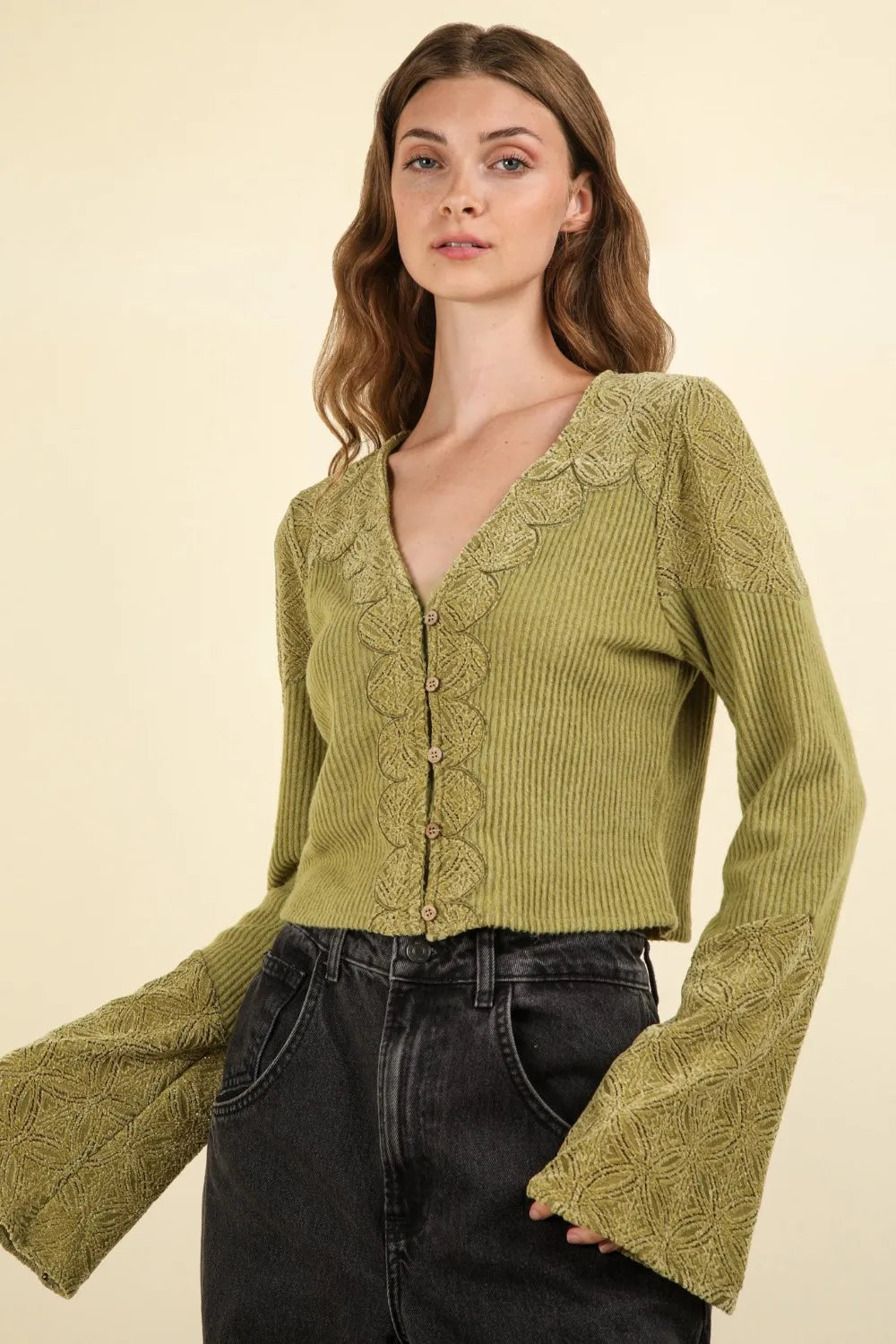 VERY J V-Neck Lace Detail Button Down Crop Ribbed Knit Top-Crop Tops-Trendsi-Olive-S-[option4]-[option5]-[option6]-[option7]-[option8]-Shop-Boutique-Clothing-for-Women-Online