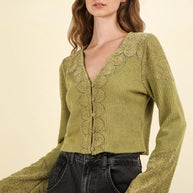 VERY J V-Neck Lace Detail Button Down Crop Ribbed Knit Top-Crop Tops-Trendsi-Olive-S-[option4]-[option5]-[option6]-[option7]-[option8]-Shop-Boutique-Clothing-for-Women-Online