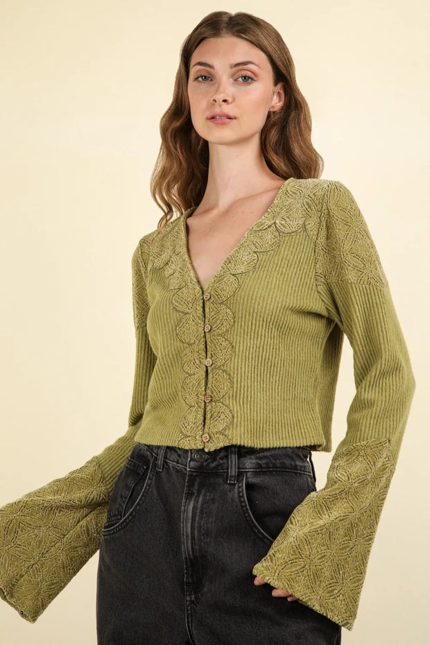 VERY J V-Neck Lace Detail Button Down Crop Ribbed Knit Top-Crop Tops-Trendsi-Olive-S-[option4]-[option5]-[option6]-[option7]-[option8]-Shop-Boutique-Clothing-for-Women-Online