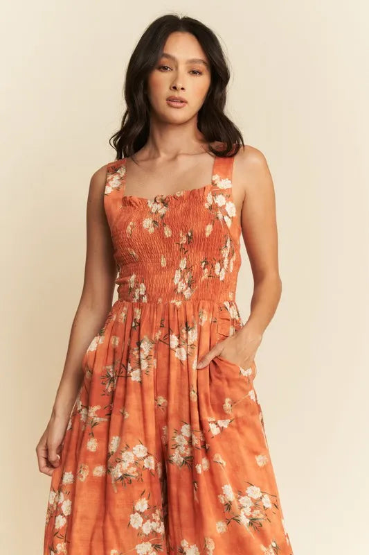 Davi & Dani Floral Ruffle Square Neck Smocking Bodice Jumpsuit-Jumpsuits & Rompers-Trendsi-[option4]-[option5]-[option6]-[option7]-[option8]-Shop-Boutique-Clothing-for-Women-Online