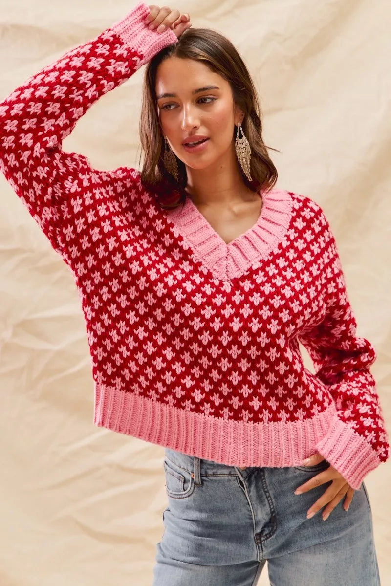 SO ME Color Block Textured Christmas Sweater V Neck Top-Sweaters-Trendsi-[option4]-[option5]-[option6]-[option7]-[option8]-Shop-Boutique-Clothing-for-Women-Online
