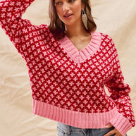 SO ME Color Block Textured Christmas Sweater V Neck Top-Sweaters-Trendsi-[option4]-[option5]-[option6]-[option7]-[option8]-Shop-Boutique-Clothing-for-Women-Online
