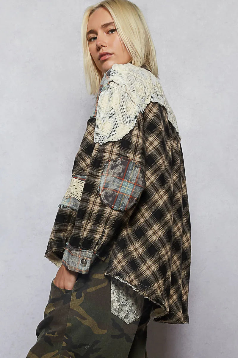 POL Lace Patchwork Plaid Oversized Shirt-Shirts-Trendsi-[option4]-[option5]-[option6]-[option7]-[option8]-Shop-Boutique-Clothing-for-Women-Online