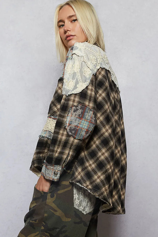 POL Lace Patchwork Plaid Oversized Shirt-Shirts-Trendsi-[option4]-[option5]-[option6]-[option7]-[option8]-Shop-Boutique-Clothing-for-Women-Online