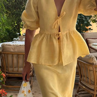 Tie Front Peplum Top and Skirt Set-Sets-Trendsi-Yellow-S-[option4]-[option5]-[option6]-[option7]-[option8]-Shop-Boutique-Clothing-for-Women-Online