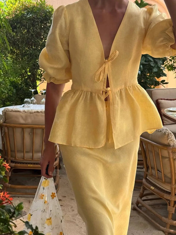 Tie Front Peplum Top and Skirt Set-Sets-Trendsi-Yellow-S-[option4]-[option5]-[option6]-[option7]-[option8]-Shop-Boutique-Clothing-for-Women-Online