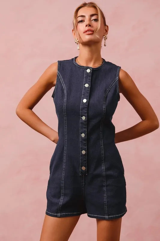 SO ME Button Up Front Washed Denim Sleeveless Romper-Rompers-Trendsi-[option4]-[option5]-[option6]-[option7]-[option8]-Shop-Boutique-Clothing-for-Women-Online
