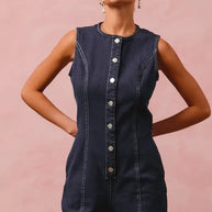 SO ME Button Up Front Washed Denim Sleeveless Romper-Rompers-Trendsi-[option4]-[option5]-[option6]-[option7]-[option8]-Shop-Boutique-Clothing-for-Women-Online