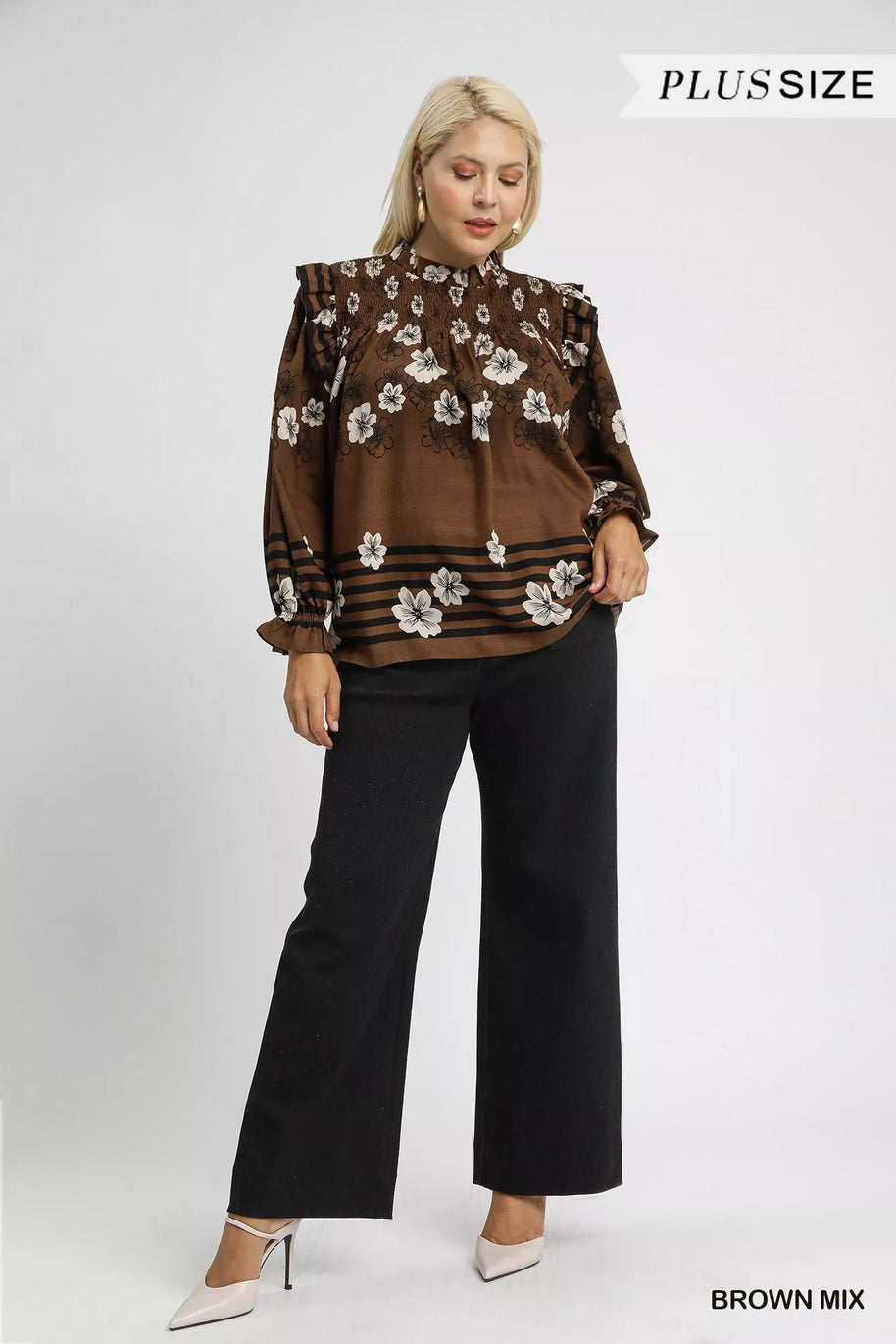 Umgee Full Size Mix Floral Smocked Ruffle Blouse-Blouses-Trendsi-[option4]-[option5]-[option6]-[option7]-[option8]-Shop-Boutique-Clothing-for-Women-Online