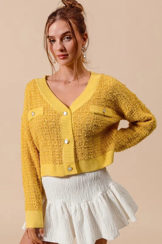 SO ME Frayed Tweed Knit Buttoned Front Cardigan-Cardigan-Trendsi-MUSTARD-S-[option4]-[option5]-[option6]-[option7]-[option8]-Shop-Boutique-Clothing-for-Women-Online