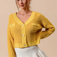 SO ME Frayed Tweed Knit Buttoned Front Cardigan-Cardigan-Trendsi-MUSTARD-S-[option4]-[option5]-[option6]-[option7]-[option8]-Shop-Boutique-Clothing-for-Women-Online