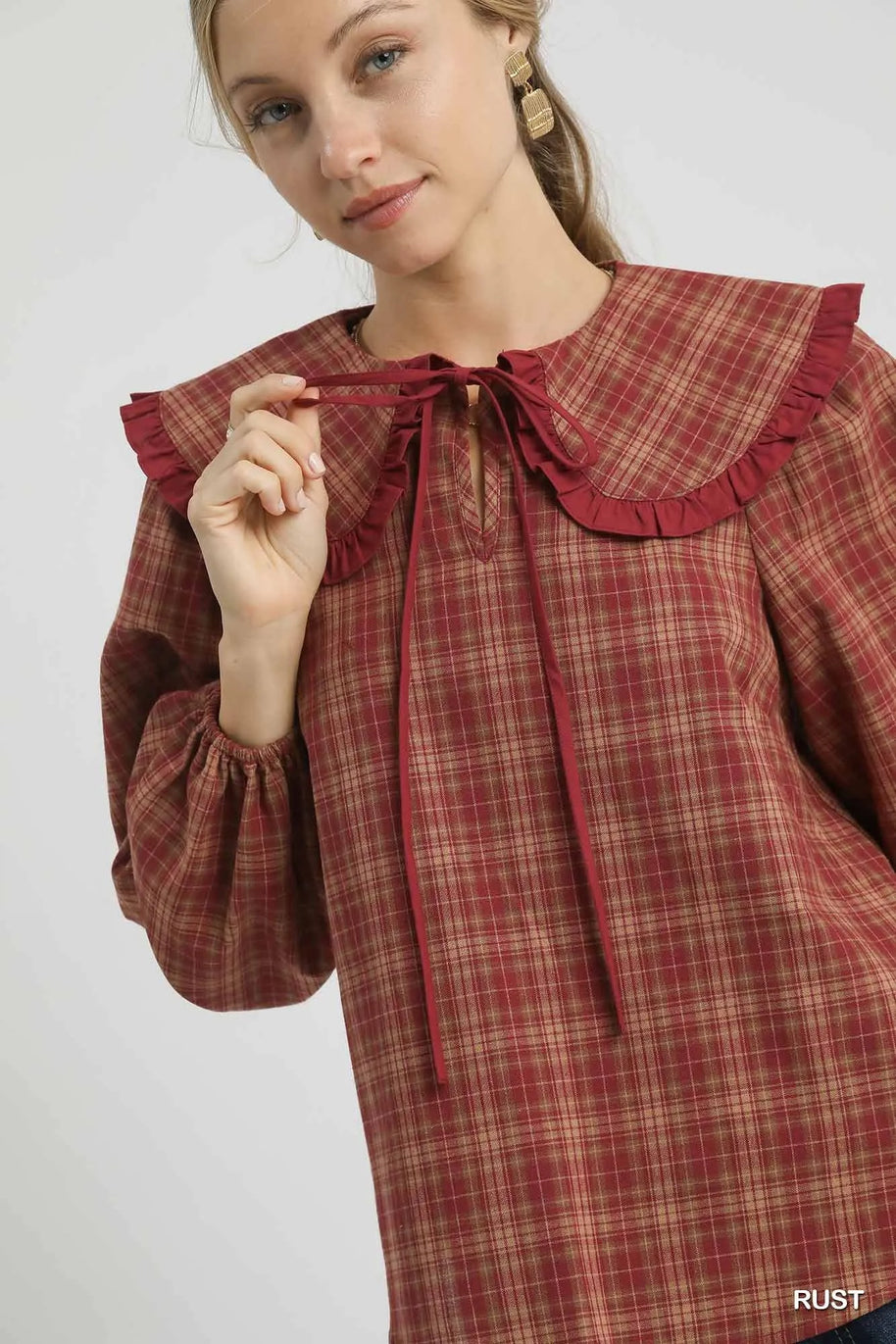 Umgee Full Size Plaid Ruffle Collar Blouse-Blouses-Trendsi-[option4]-[option5]-[option6]-[option7]-[option8]-Shop-Boutique-Clothing-for-Women-Online