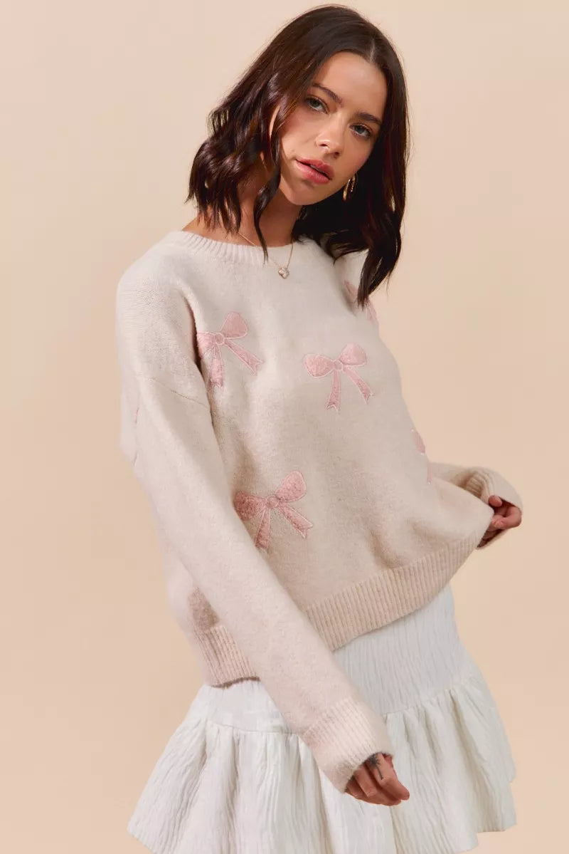 SO ME Embroidered Ribbon Round Neck Sweater-Sweaters-Trendsi-[option4]-[option5]-[option6]-[option7]-[option8]-Shop-Boutique-Clothing-for-Women-Online