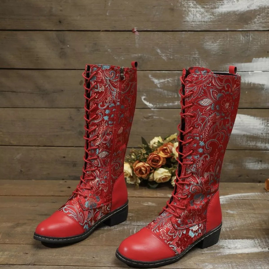 Lace Up Block Heels Boots-110 Fashion Boots-Trendsi-Red-36-[option4]-[option5]-[option6]-[option7]-[option8]-Shop-Boutique-Clothing-for-Women-Online