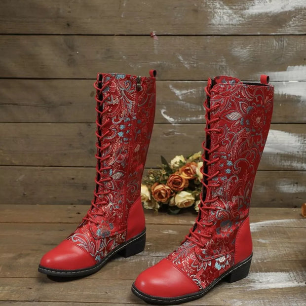 Lace Up Block Heels Boots-110 Fashion Boots-Trendsi-Red-36-[option4]-[option5]-[option6]-[option7]-[option8]-Shop-Boutique-Clothing-for-Women-Online