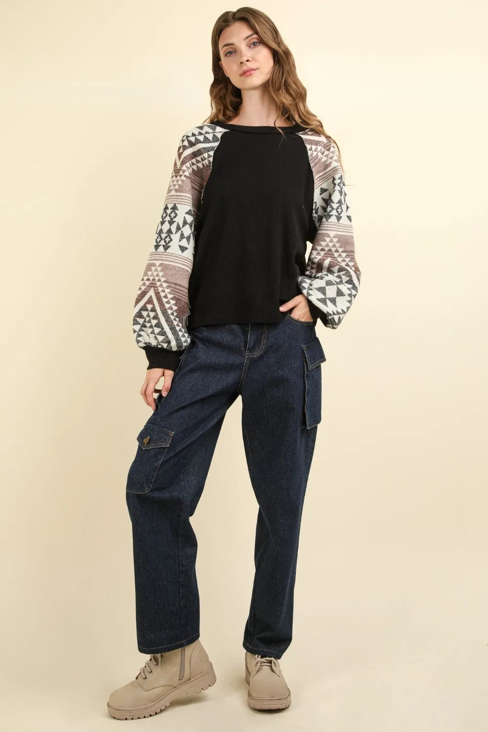 VERY J Printed Long Sleeve Round Neck Knit Top-Blouses-Trendsi-[option4]-[option5]-[option6]-[option7]-[option8]-Shop-Boutique-Clothing-for-Women-Online